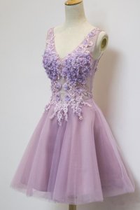 A-line Prom Party Dress Lavender V-neck Tulle Sleeveless Knee Length Zipper