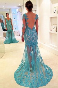 Mermaid Long Sleeves Brush Train Lace Backless Prom Gown