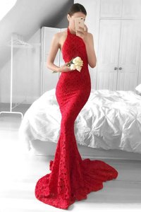 Mermaid Red Halter Top Neckline Lace Dress for Prom Sleeveless Backless