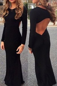 Mermaid Black Elastic Woven Satin Backless Scoop Long Sleeves Floor Length Ruching