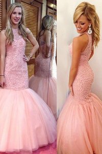 Mermaid Floor Length Pink Prom Evening Gown Scoop Sleeveless Backless