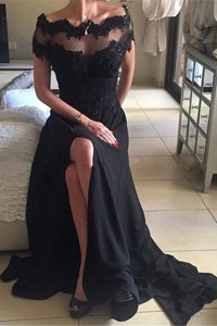 Fantastic Chiffon Off The Shoulder Short Sleeves Sweep Train Backless Beading and Lace Prom Gown in Black