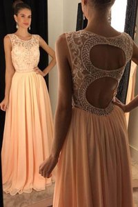 Glorious Floor Length Peach Prom Gown Scoop Sleeveless Backless