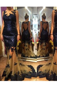Ideal Sequins Scalloped Sleeveless Brush Train Backless Prom Party Dress Navy Blue Organza and Sequined
