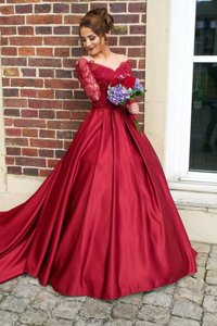 New Style Off the Shoulder Burgundy Ball Gowns Appliques Prom Dresses Zipper Satin Long Sleeves With Train