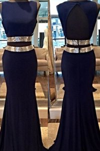 Mermaid Sleeveless Floor Length Sequins Backless Prom Dresses with Navy Blue