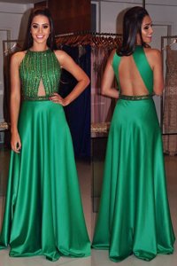 High Quality Halter Top Sleeveless Floor Length Beading Backless Prom Gown with Blue