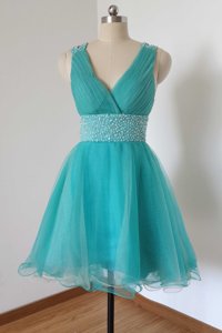 Top Selling Sleeveless Tulle Knee Length Criss Cross Prom Dresses in Aqua Blue for with Beading