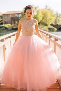 Classical Scoop Sleeveless Floor Length Beading Zipper Prom Gown with Pink