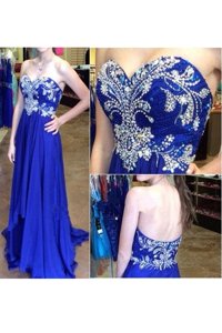 Chic Beading Prom Evening Gown Royal Blue Zipper Sleeveless Floor Length