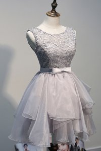 Grey Lace Up Scoop Beading Dress for Prom Organza and Lace Sleeveless