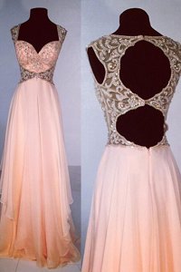 Vintage Peach Chiffon Zipper Prom Dresses Sleeveless Floor Length Beading