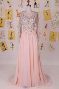 Scoop Long Sleeves With Train Beading Zipper Prom Evening Gown with Pink Brush Train