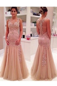 Mermaid Tulle Sleeveless Floor Length Prom Gown and Beading and Appliques