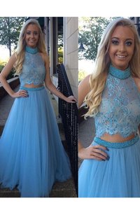 Admirable Floor Length Baby Blue Prom Gown Organza Sleeveless Beading and Appliques