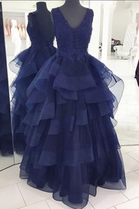 Fabulous Navy Blue Organza Backless Homecoming Dress Sleeveless Floor Length Beading and Appliques and Ruffles
