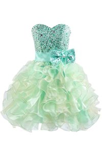 Beading and Bowknot Dress for Prom Green Lace Up Sleeveless Knee Length