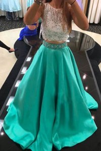 Turquoise Satin Zipper Scoop Sleeveless With Train Evening Dress Beading and Lace