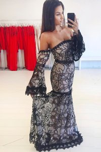 New Arrival Mermaid Off the Shoulder Black Lace Zipper Long Sleeves Sweep Train Lace