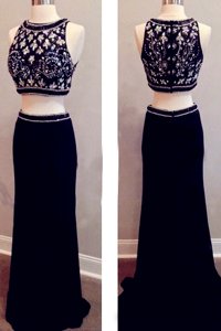 Scoop Black Zipper Prom Evening Gown Beading Sleeveless With Brush Train