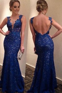 Blue Lace Backless V-neck Sleeveless With Train Prom Evening Gown Brush Train Lace