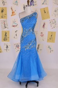 Spectacular Blue Mermaid One Shoulder Sleeveless Chiffon Floor Length Zipper Beading Prom Party Dress
