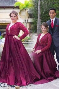 Super With Train Burgundy Prom Dress Scoop Long Sleeves Sweep Train Zipper