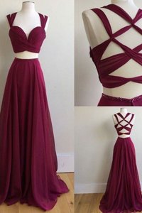 Burgundy Sleeveless Sweep Train Ruching With Train Dress for Prom