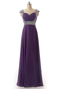Purple Dress for Prom Prom and Party and For with Beading and Ruching Straps Cap Sleeves Lace Up