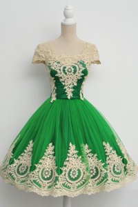 Square Cap Sleeves Zipper Prom Dresses Green Tulle
