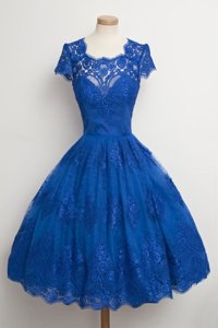 Fitting Lace Scalloped Cap Sleeves Zipper Lace Dress for Prom in Royal Blue
