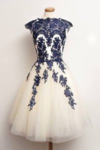 Gorgeous Scalloped Cap Sleeves Tulle Knee Length Zipper Prom Gown in Blue And White for with Appliques