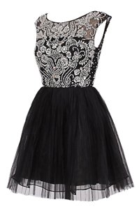 Latest Black Cap Sleeves Beading Knee Length Homecoming Dress