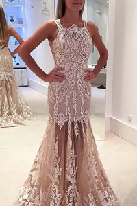 Customized Mermaid Scoop Champagne Sleeveless Lace and Appliques Zipper