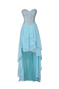 Elegant Sleeveless High Low Beading Zipper Prom Evening Gown with Blue