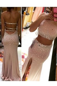 Romantic Scoop Pink Backless Beading Sleeveless Brush Train