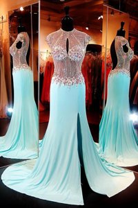 With Train Aqua Blue Prom Party Dress Chiffon Sweep Train Cap Sleeves Beading