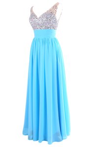 Aqua Blue Column/Sheath V-neck Sleeveless Chiffon Floor Length Zipper Beading Homecoming Dress