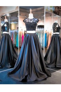 Excellent Black Taffeta Clasp Handle Scoop Sleeveless With Train Prom Dress Brush Train Lace and Ruching