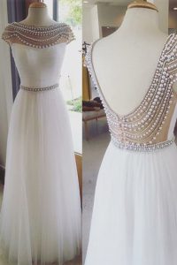 Pretty Bateau Cap Sleeves Dress for Prom Floor Length Beading White Tulle