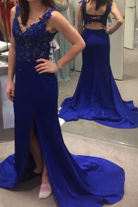 Exceptional Beading and Appliques Prom Party Dress Royal Blue Backless Sleeveless Sweep Train