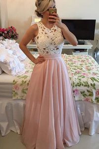 Scoop Sleeveless Chiffon Floor Length Side Zipper Homecoming Dress in Pink for with Lace