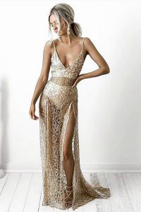 Fitting Champagne Prom Party Dress Prom and For with Lace Spaghetti Straps Sleeveless Brush Train Backless