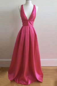 Hot Pink V-neck Neckline Pleated Evening Dress Sleeveless Criss Cross