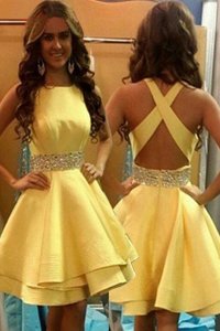 Shining Scoop Yellow Sleeveless Satin Criss Cross for Prom and Party