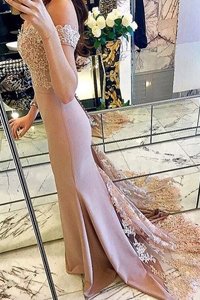 Pink Mermaid Off The Shoulder Short Sleeves Elastic Woven Satin Sweep Train Zipper Beading and Lace and Appliques Prom Party Dress