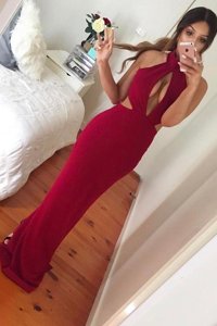 Wine Red Mermaid Ruching Prom Party Dress Zipper Elastic Woven Satin Sleeveless Floor Length