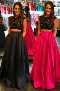 Flirting Black A-line Satin Bateau Long Sleeves Beading and Appliques Floor Length Zipper Homecoming Dress