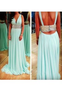 Sleeveless Chiffon Floor Length Backless Homecoming Dress in Aqua Blue for with Beading