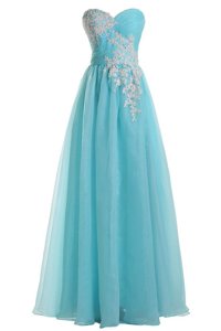 Blue A-line Sweetheart Sleeveless Tulle Floor Length Zipper Appliques Dress for Prom